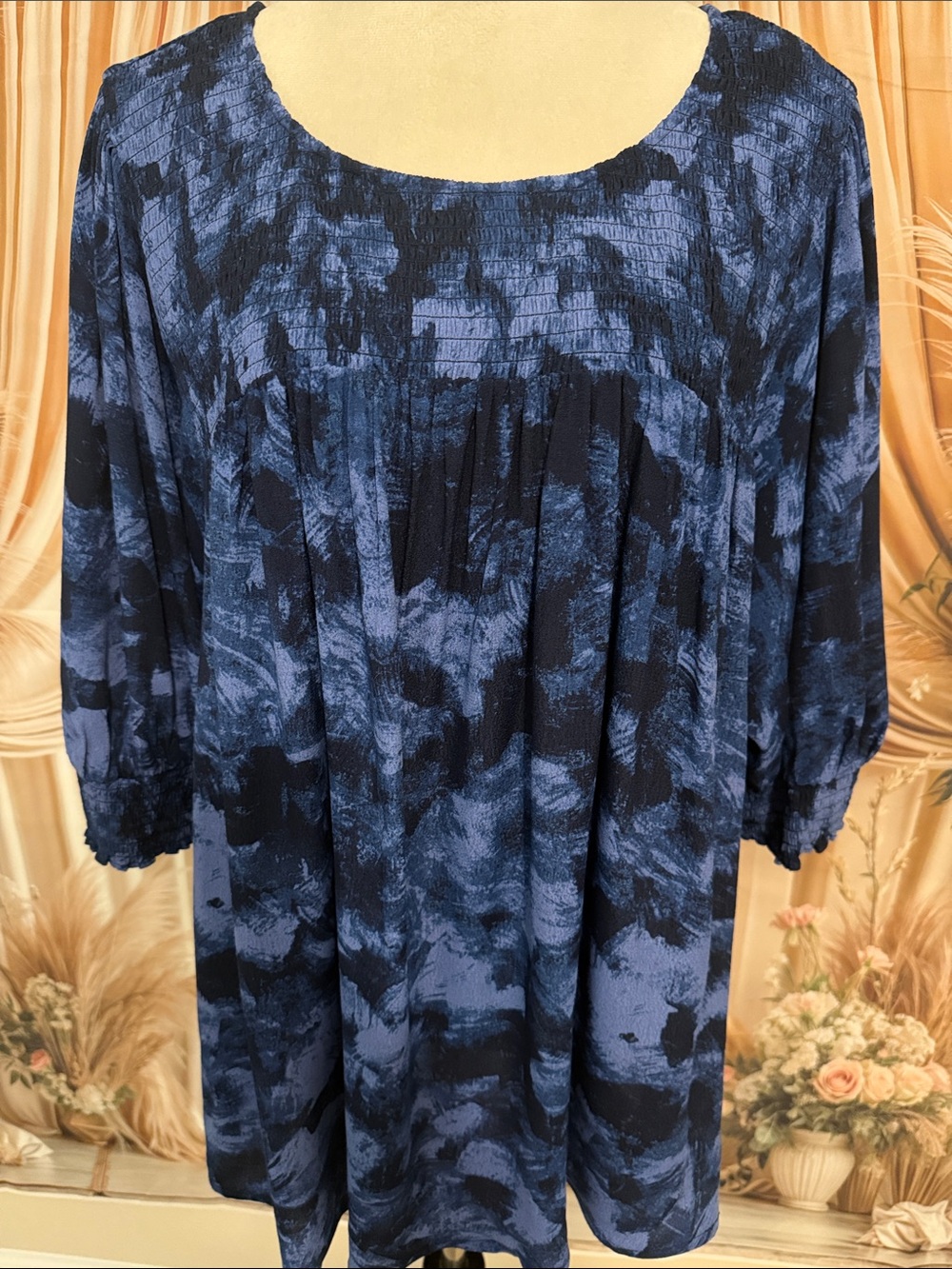 Terra & Sky Blue and Navy Patterned Pleated Tunic Blouse - Picture 6 of 8
